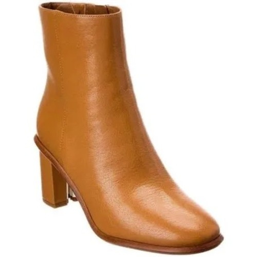 Tory Burch Brooke Tan‎ Leather Ankle Boots Logo Block Heel Size 6.5M